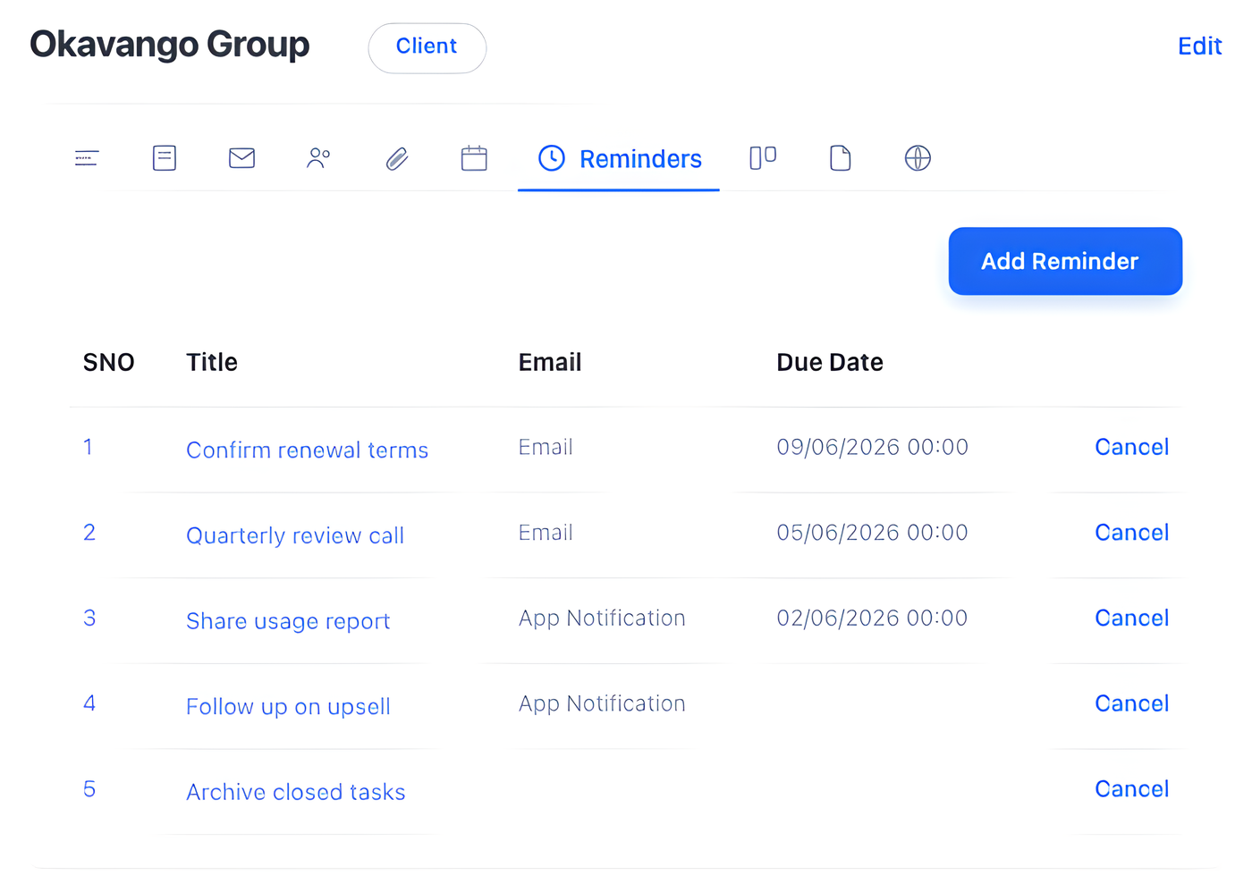 Client reminders in HotKup