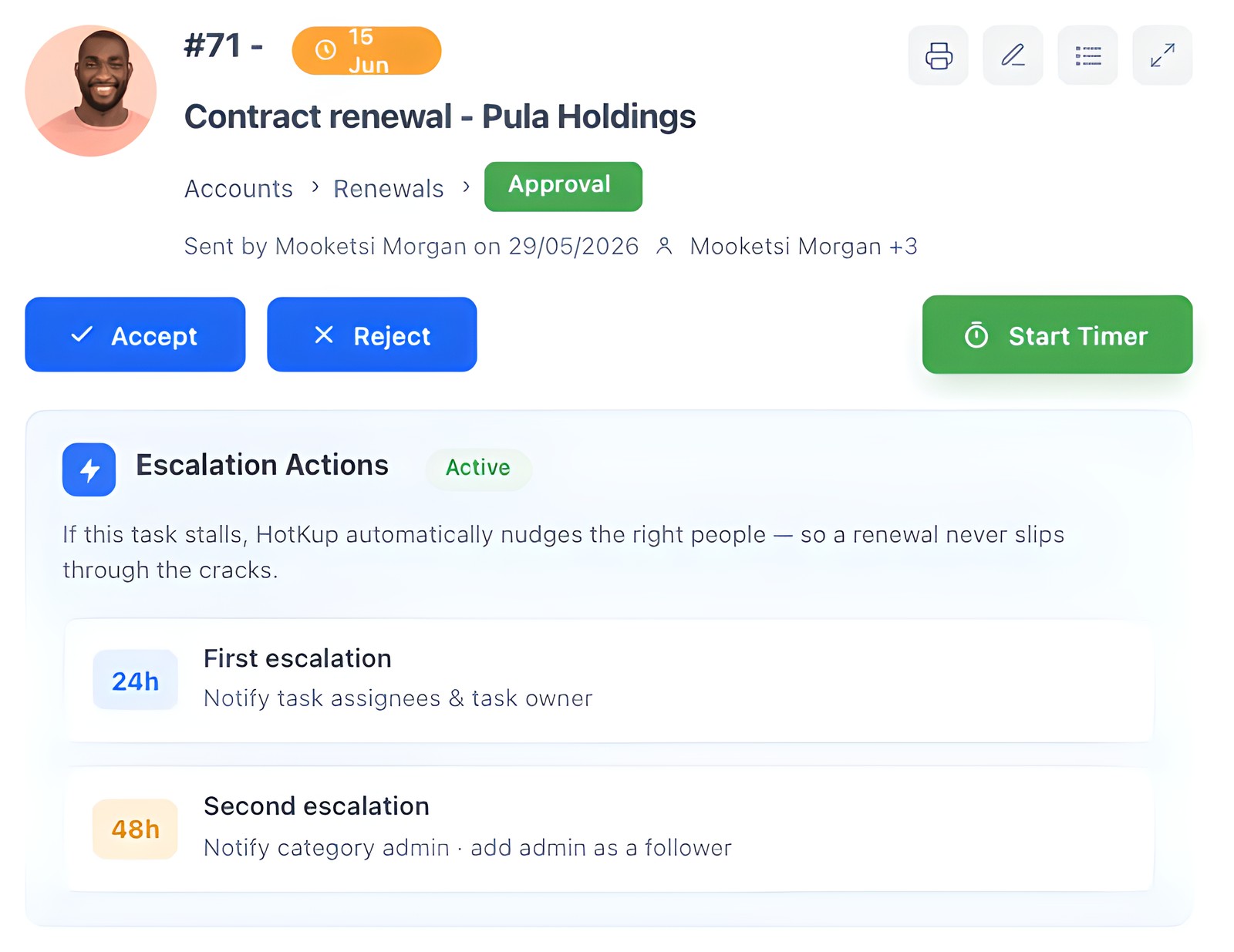 Escalation actions in HotKup